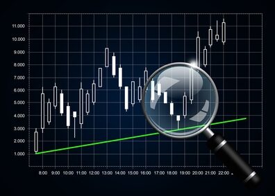 japanese candlestick chart with magnifying glass isolated over dark background